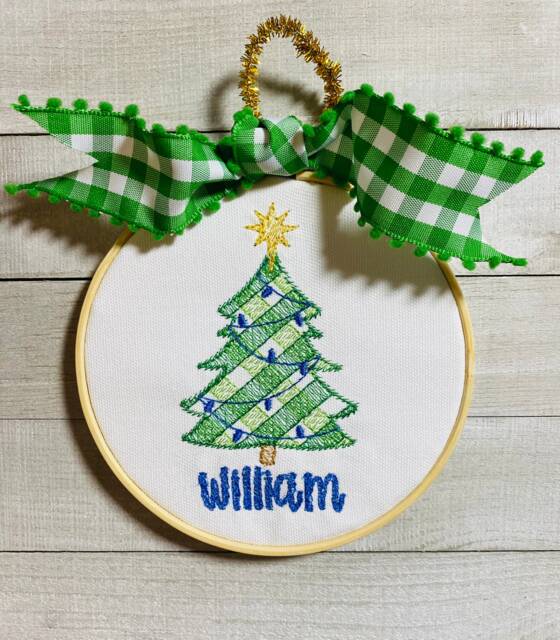 Personalized Gingham Christmas Tree Hooped Ornament, Baby Boy Family Canvas Gift