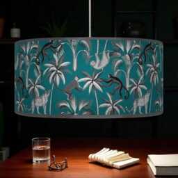 Tropical Monkey Lampshade - Teal & Blue Jungle Drum Pendant Light Handmade Ceiling Shade For Exotic Or Kids Room Decor - thumbnail 2
