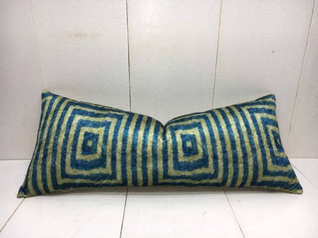 Handwoven Silk Ikat Pillow Cover, Modern Geometric Cushion - 10x24 - image 1