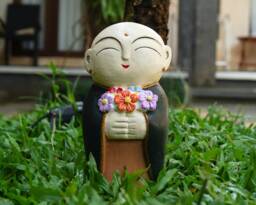 Collorful Jizo Holding Flower 10 Inch/25 cm, Stone Statue, Figurine, Buddha, Buddha - thumbnail 1