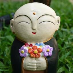 Collorful Jizo Holding Flower 10 Inch/25 cm, Stone Statue, Figurine, Buddha, Buddha - thumbnail 2