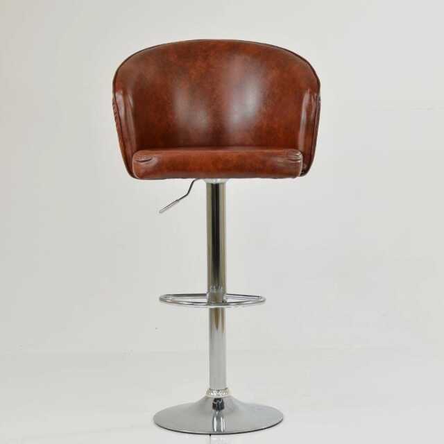 Vintage Brown Faux Leather Bar Stool - Adjustable Swivel Breakfast With Backrest, Industrial Chrome Base - image 1