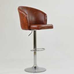 Vintage Brown Faux Leather Bar Stool - Adjustable Swivel Breakfast With Backrest, Industrial Chrome Base - thumbnail 2
