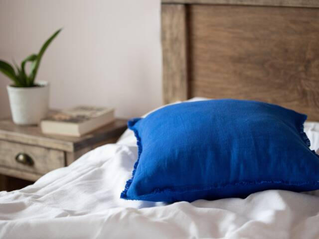 Cobalt Blue Linen Pillow Sham With Fringes For Couch Or Bed Decoration, Fringed Cover, Fringe Pillowcase - image 1