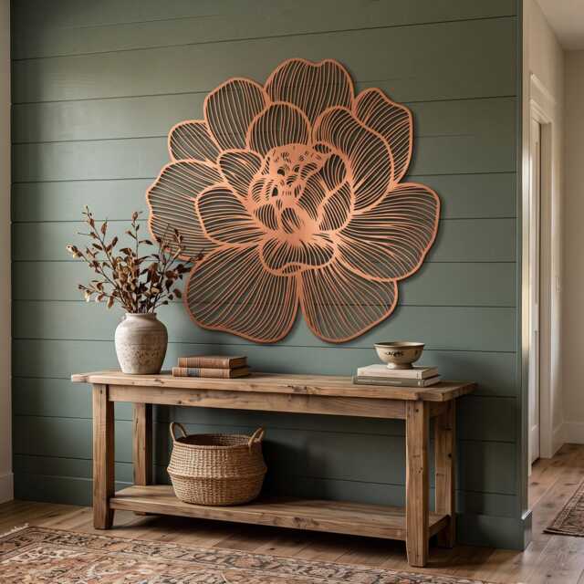 Large Flower Metal Wall Art, Copper Floral Statement Decor, Botanical Peony Sculpture For Living Room, Bedroom Gift - image 1