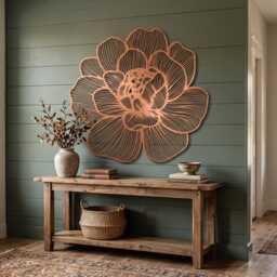 Large Flower Metal Wall Art, Copper Floral Statement Decor, Botanical Peony Sculpture For Living Room, Bedroom Gift