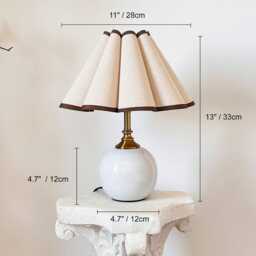 Handmade White Ceramic Small Tall Table Lamp 110-250V, Linen Fabric Plastic Scallop Petal Shade, Bedroom Kitchen Living Room Neutral Decor - thumbnail 2