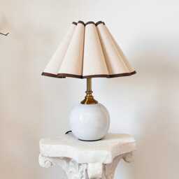Handmade White Ceramic Small Tall Table Lamp 110-250V, Linen Fabric Plastic Scallop Petal Shade, Bedroom Kitchen Living Room Neutral Decor - thumbnail 1