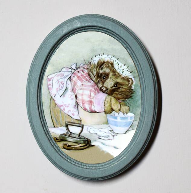Beatrix Potter Oval Wooden Framed Nursery Picture, Wall Hanging, Home Decor, Mrs Tiggy Winkle Starching Hankies - image 1