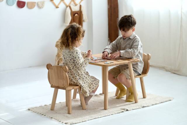 Curved Wooden Kids Table Set With Teddy Bear Shaped Chairs, Preschool Waldorf Kid Play & Chairs Set, Education Daycare Furniture - image 1