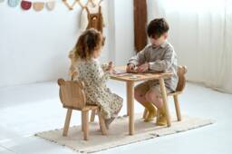 Curved Wooden Kids Table Set With Teddy Bear Shaped Chairs, Preschool Waldorf Kid Play & Chairs Set, Education Daycare Furniture - thumbnail 1