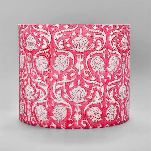 Handmade Lampshade With Indian Block Print Fabric - Floral Pattern On Bright Pink Soft Lighting Accent - image 1