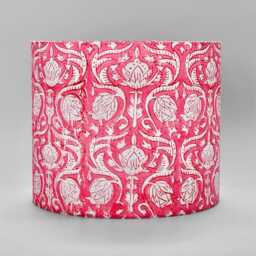 Handmade Lampshade With Indian Block Print Fabric - Floral Pattern On Bright Pink Soft Lighting Accent