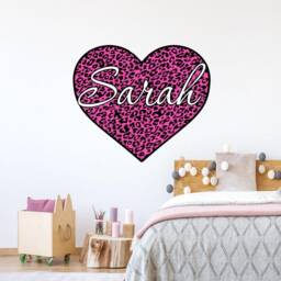 Custom Name Decal - Girls Room Cheetah Print Wall Art Decor - Insert Name Personalized Peel & Stick Heart Sticker Vwaq-Gh3 - thumbnail 1