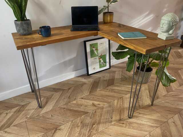 For??t L-Shaped Industrial Rustic Hairpin Leg Desk Table Handcrafted With Solid Wood - image 1