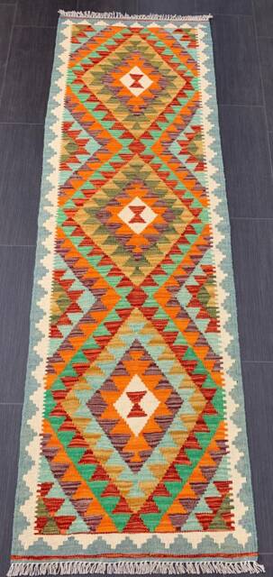 Handmade Kilim Runner, Artisan Afghan Turkish Aztec Sheep Wool Runner Rug 194x63 cm - image 1