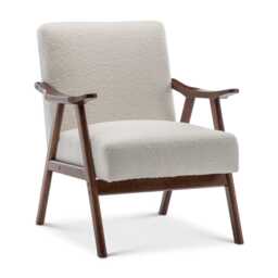 Armchair Boucle Teddy Fabric Mid Century Wooden Beige Accent Chair Cream Vintage Brown Legs Art Deco Padded Seat - thumbnail 2
