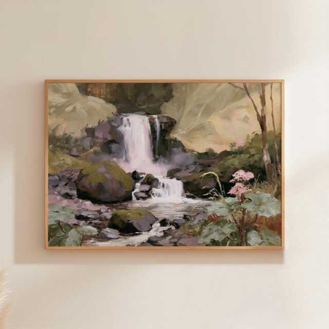 Forest Waterfall Poster, Green Landscape Print, Nature Wall Art, Paper - image 1