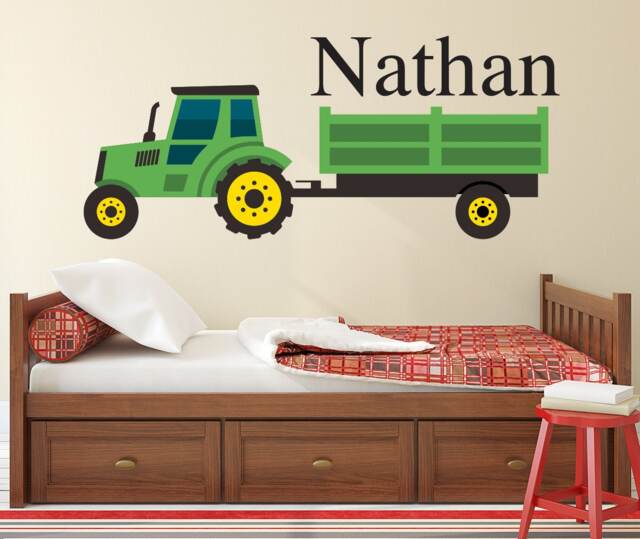 Personalized Name Wall Decal - Green Farm Tractor Art Kids Bedroom Decor - image 1