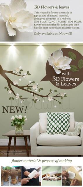 Wall Decal Sticker Magnolia Branch With White 3D Flowers & Sage Green Leaves Flowers Tree Decal Wall Sticker Home Decor - image 1