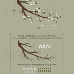 Wall Decal Sticker Magnolia Branch With White 3D Flowers & Sage Green Leaves Flowers Tree Decal Wall Sticker Home Decor - thumbnail 3