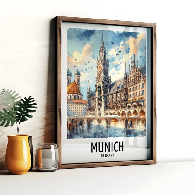 Munich Travel Print - Watercolour Poster Design - Wall Artwork Germany Gifts Home Decor Art Gift German Painting Picture - image 1
