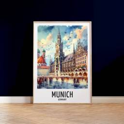 Munich Travel Print - Watercolour Poster Design - Wall Artwork Germany Gifts Home Decor Art Gift German Painting Picture - thumbnail 3