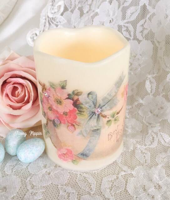 Shabby Chic Easter Flameless Candle Pink Roses & Chick - image 1