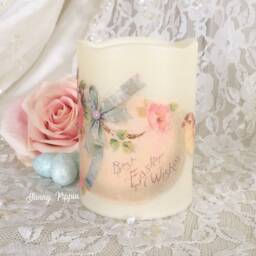 Shabby Chic Easter Flameless Candle Pink Roses & Chick - thumbnail 2
