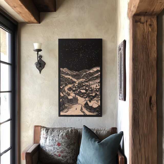 Ski Village Engraved Birch Wood Panel - Winter Block Print Inspired Wall Art, Landscape Illustration Print, Linocut Style Skier Gift - image 1