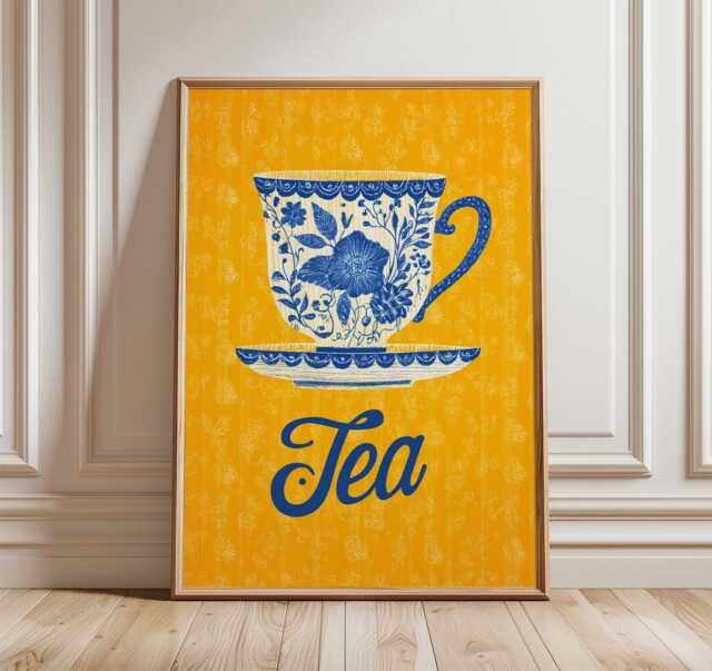 Blue Floral Tea Cup Poster, Modern Folk Art Kitchen Print, Yellow & Wall Art, Scandinavian Home Decor, Botanical Lover Gift - image 1