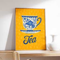 Blue Floral Tea Cup Poster, Modern Folk Art Kitchen Print, Yellow & Wall Art, Scandinavian Home Decor, Botanical Lover Gift - thumbnail 2