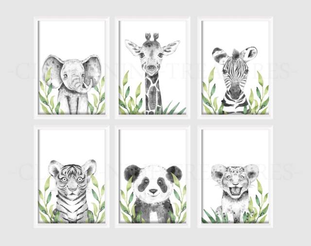 Choose Your Own Safari Elephant Giraffe Zebra Lion Boys Girls A4 Or A3 Nursery Set Of Unframed Prints Black & White Green Leaves - image 1