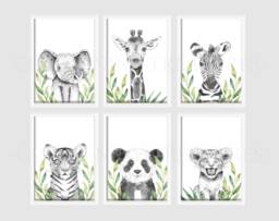 Choose Your Own Safari Elephant Giraffe Zebra Lion Boys Girls A4 Or A3 Nursery Set Of Unframed Prints Black & White Green Leaves - thumbnail 1