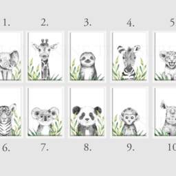 Choose Your Own Safari Elephant Giraffe Zebra Lion Boys Girls A4 Or A3 Nursery Set Of Unframed Prints Black & White Green Leaves - thumbnail 2