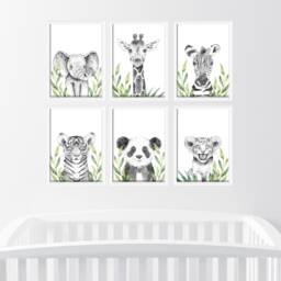 Choose Your Own Safari Elephant Giraffe Zebra Lion Boys Girls A4 Or A3 Nursery Set Of Unframed Prints Black & White Green Leaves - thumbnail 3