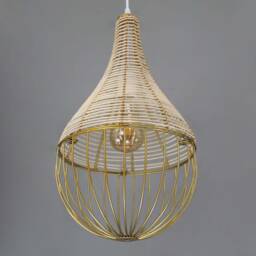 Handwoven Rattan Pendant Light, Golden Steel Frame - thumbnail 2
