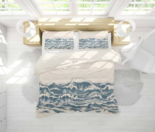 3D Wave Bedding Set, Blue Japanese Doona Cover - image 1