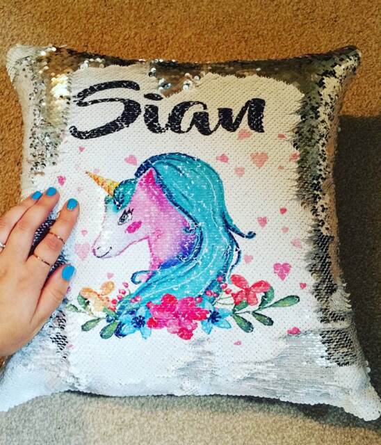 Unicorn Pillow, Reversible Sequins Cushion Cover, Unicorn Mermaid, Personalised Sequin, Special Needs, Autism Calming Fantasy Pillow - image 1