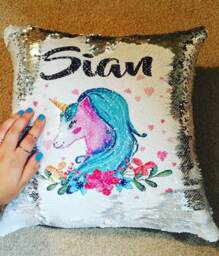 Unicorn Pillow, Reversible Sequins Cushion Cover, Unicorn Mermaid, Personalised Sequin, Special Needs, Autism Calming Fantasy Pillow - thumbnail 1