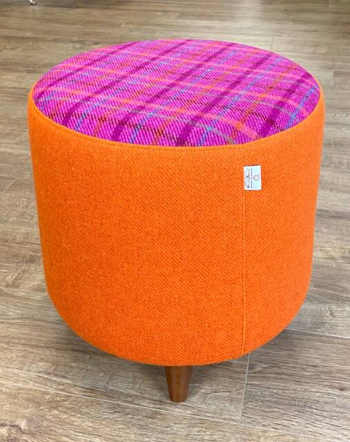 Orange & Pink Tartan Harris Tweed Footstool With Tiny Dark Wooden Legs - image 1