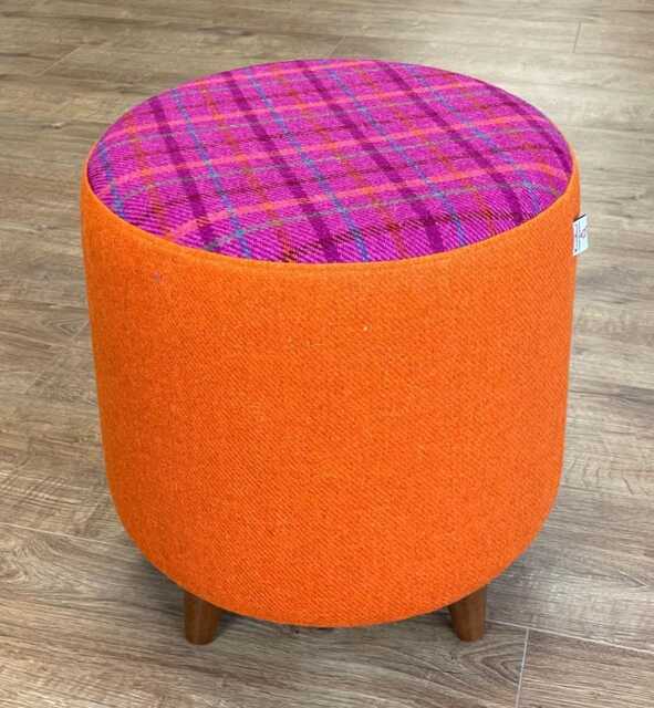 Orange & Pink Tartan Harris Tweed Footstool With Tiny Dark Wooden Legs - image 1