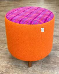 Orange & Pink Tartan Harris Tweed Footstool With Tiny Dark Wooden Legs - thumbnail 1