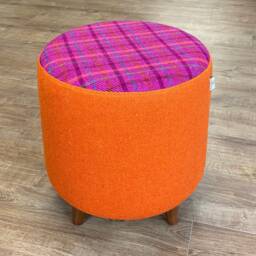 Orange & Pink Tartan Harris Tweed Footstool With Tiny Dark Wooden Legs - thumbnail 3