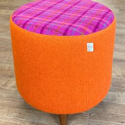 Orange & Pink Tartan Harris Tweed Footstool With Tiny Dark Wooden Legs - thumbnail 2
