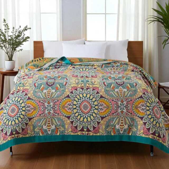Boho Floral Cotton Gauze Bedspread Reversible Summer Quilt - image 1