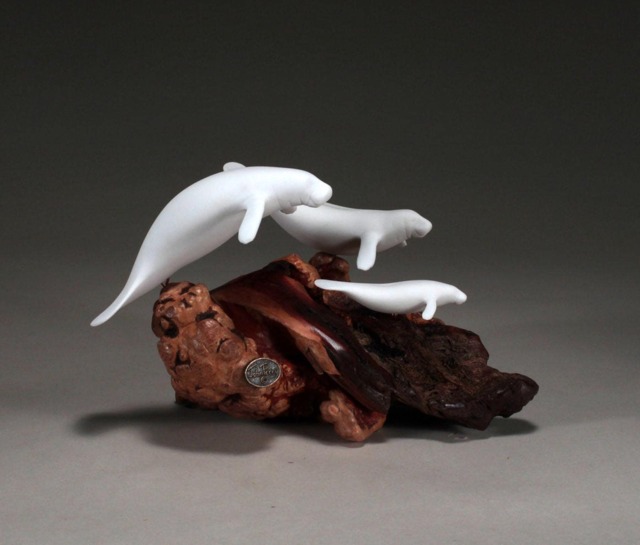 John Perry Manatee Family Sculpture, Pellucida On Burlwood Base - image 1