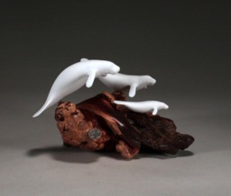 John Perry Manatee Family Sculpture, Pellucida On Burlwood Base - thumbnail 1