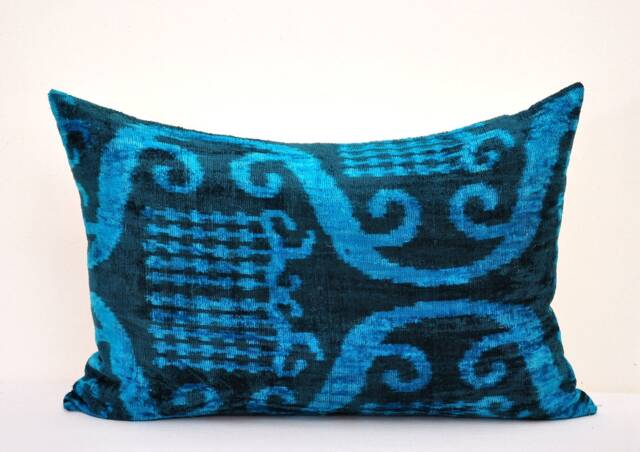 Navy Blue Velvet Ikat Pillow Cover, Silk Cushion - image 1