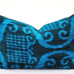Navy Blue Velvet Ikat Pillow Cover, Silk Cushion - thumbnail 2